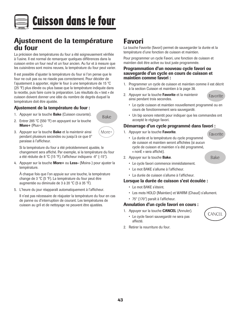 Cuisson dans le four, Ajustement de la température du four, Favori | Maytag MGR5775QDW User Manual | Page 44 / 84