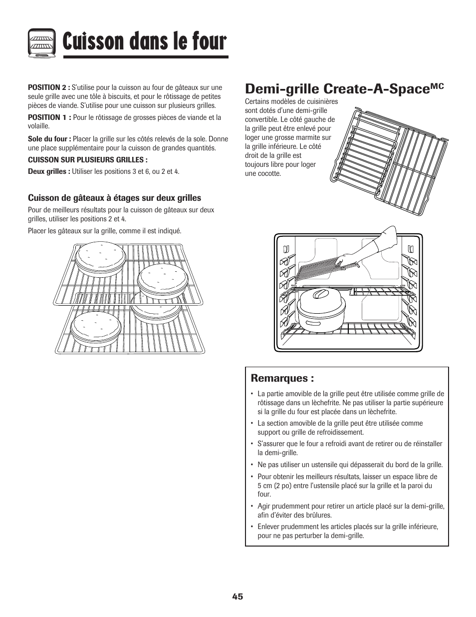 Cuisson dans le four, Demi-grille create-a-space, Remarques | Maytag MGR5775QDW User Manual | Page 46 / 84