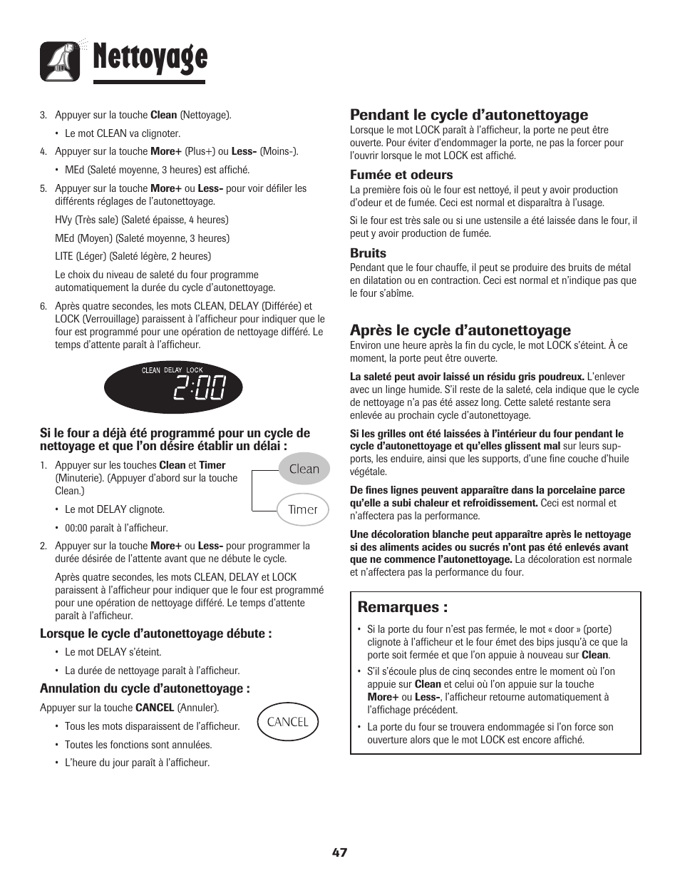 Nettoyage, Remarques, Pendant le cycle d’autonettoyage | Après le cycle d’autonettoyage | Maytag MGR5775QDW User Manual | Page 48 / 84