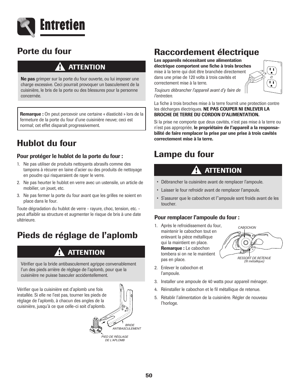Entretien, Porte du four, Hublot du four | Lampe du four raccordement électrique, Pieds de réglage de l’aplomb, Attention | Maytag MGR5775QDW User Manual | Page 51 / 84