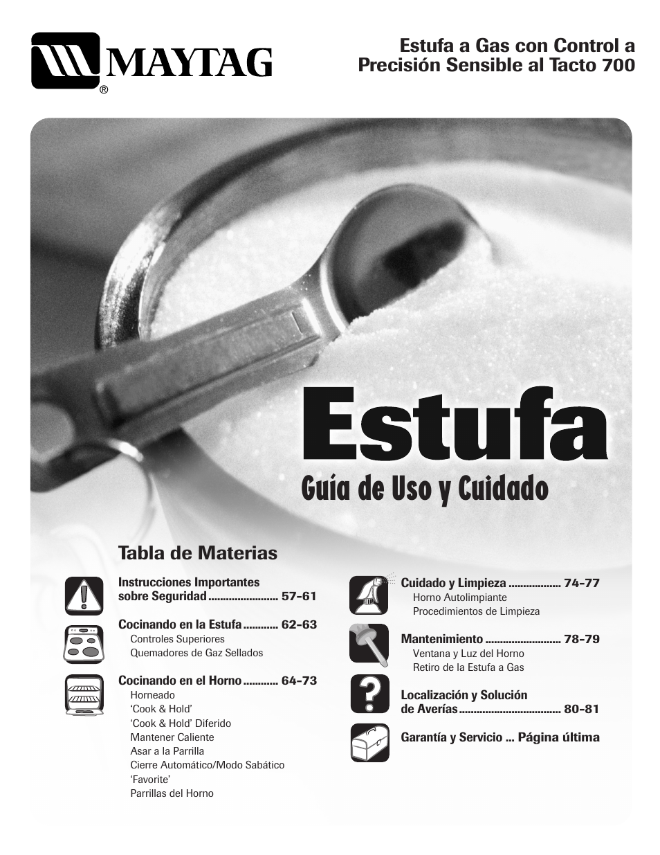 Guía de uso y cuidado, Tabla de materias | Maytag MGR5775QDW User Manual | Page 57 / 84