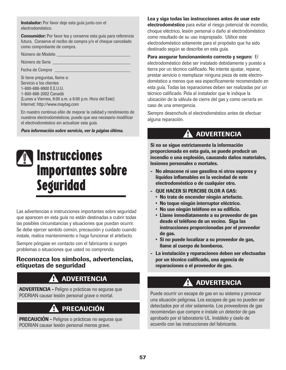 Instrucciones importantes sobre seguridad | Maytag MGR5775QDW User Manual | Page 58 / 84