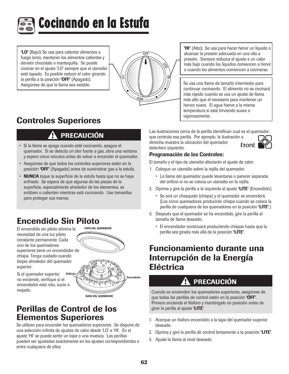 Cocinando en la estufa, Controles superiores encendido sin piloto, Precaución | Maytag MGR5775QDW User Manual | Page 63 / 84