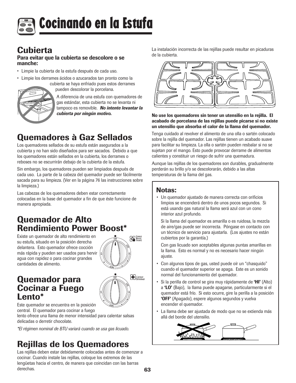 Cocinando en la estufa, Cubierta, Quemadores à gaz sellados | Quemador de alto rendimiento power boost, Quemador para cocinar a fuego lento, Rejillas de los quemadores | Maytag MGR5775QDW User Manual | Page 64 / 84