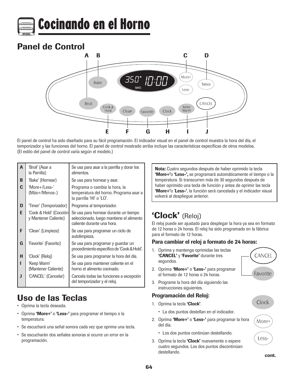 Cocinando en el horno, Panel de control, Clock | Uso de las teclas, Reloj) | Maytag MGR5775QDW User Manual | Page 65 / 84