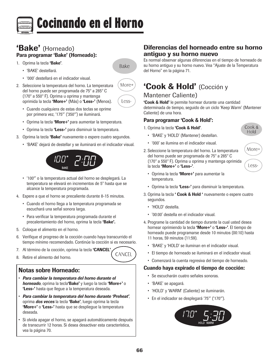Cocinando en el horno, Bake, Cook & hold | Notas sobre horneado, Horneado), Cocción y mantener caliente) | Maytag MGR5775QDW User Manual | Page 67 / 84