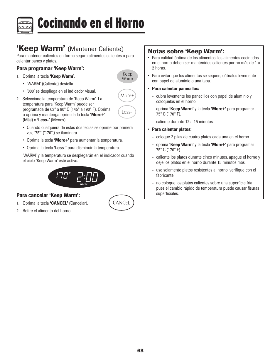 Cocinando en el horno, Keep warm, Mantener caliente) | Notas sobre ‘keep warm | Maytag MGR5775QDW User Manual | Page 69 / 84