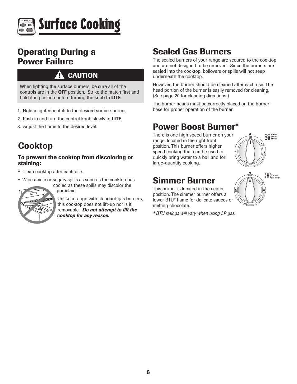 Surface cooking, Cooktop, Sealed gas burners | Power boost burner, Simmer burner, Operating during a power failure | Maytag MGR5775QDW User Manual | Page 7 / 84