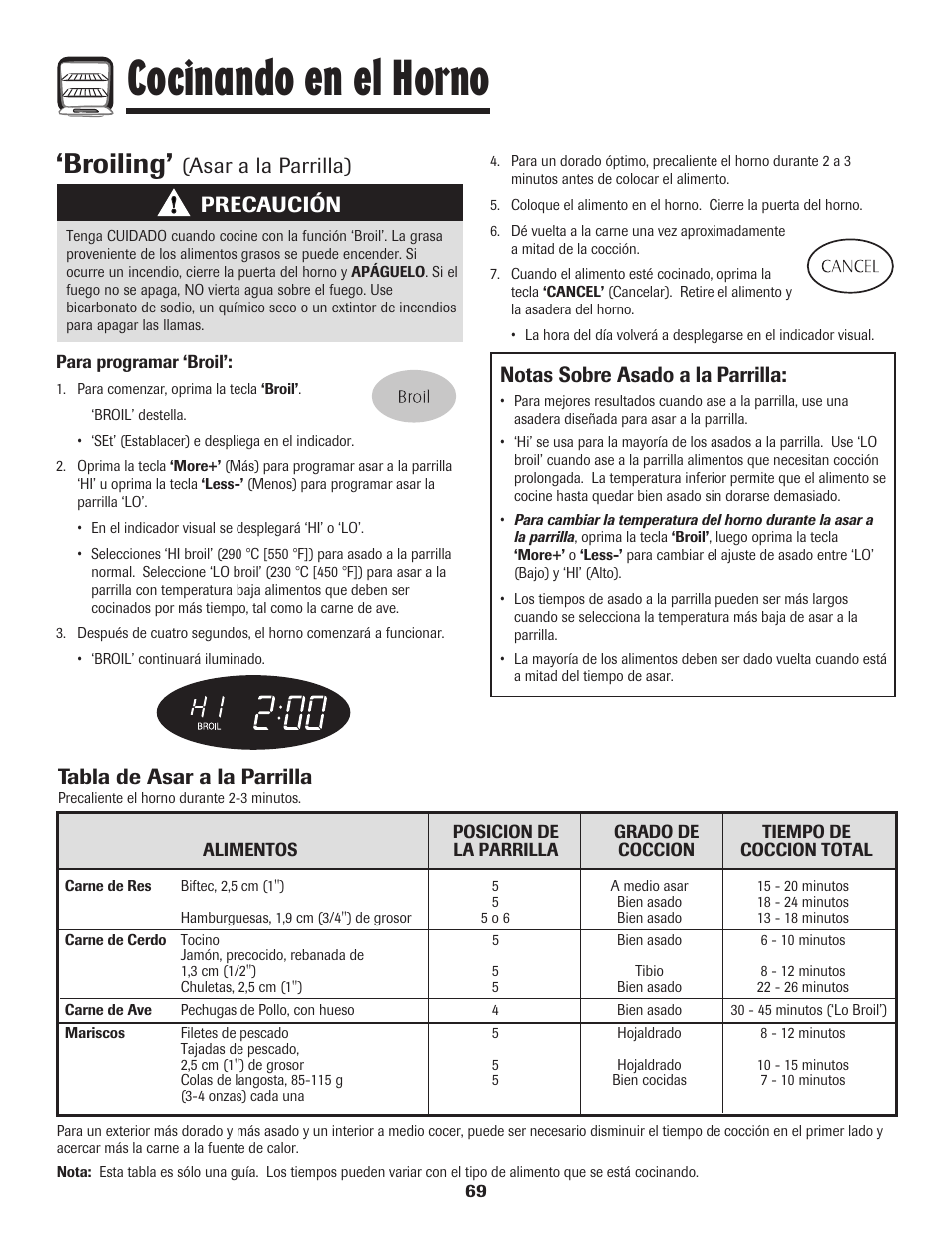 Cocinando en el horno, Broiling, Asar a la parrilla) | Notas sobre asado a la parrilla, Tabla de asar a la parrilla, Precaución | Maytag MGR5775QDW User Manual | Page 70 / 84