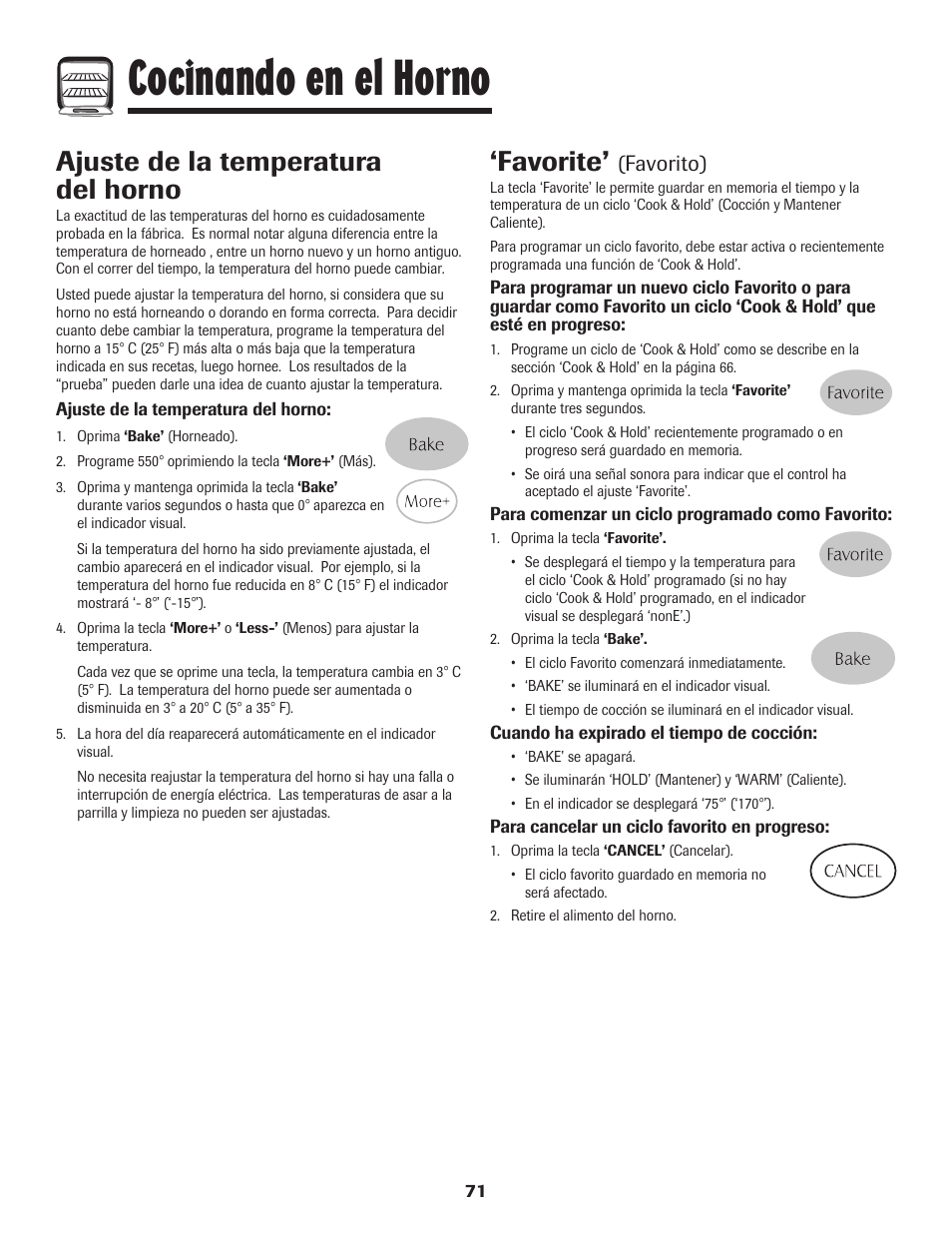 Cocinando en el horno, Favorite, Ajuste de la temperatura del horno | Favorito) | Maytag MGR5775QDW User Manual | Page 72 / 84