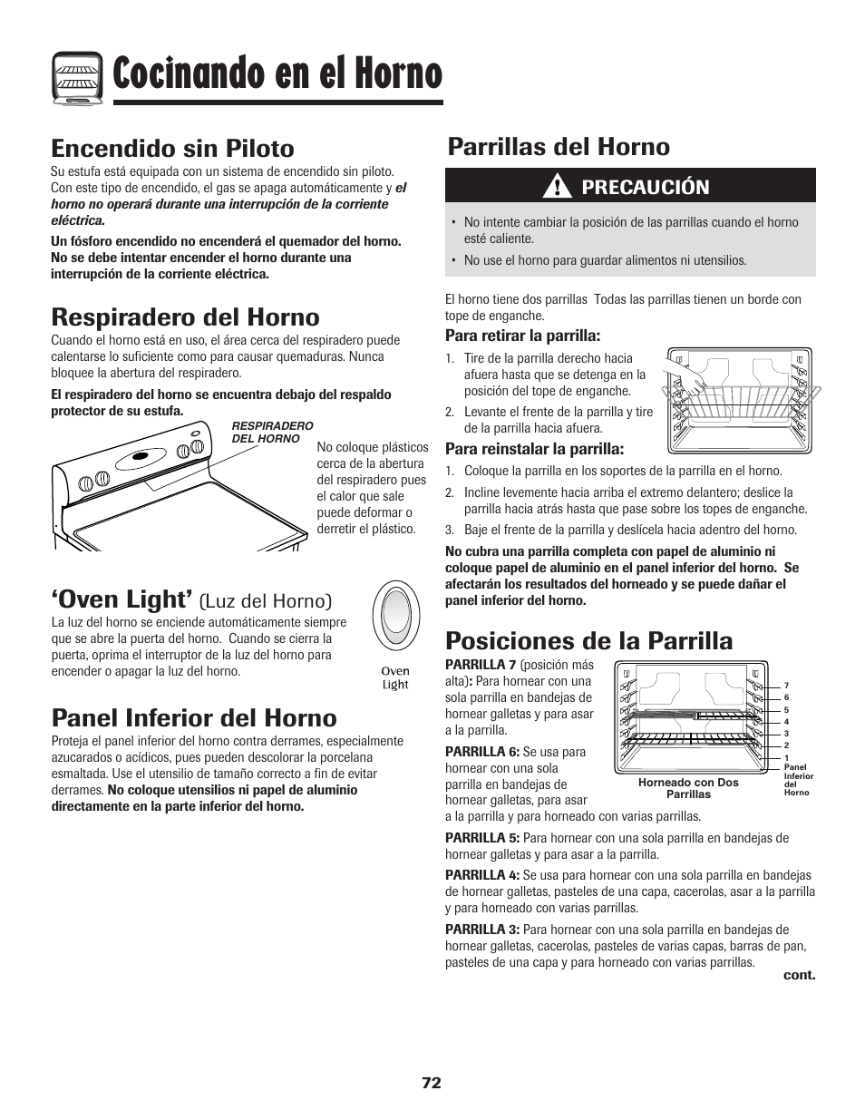 Cocinando en el horno, Oven light, Panel inferior del horno | Respiradero del horno, Parrillas del horno, Posiciones de la parrilla, Encendido sin piloto, Luz del horno), Precaución | Maytag MGR5775QDW User Manual | Page 73 / 84