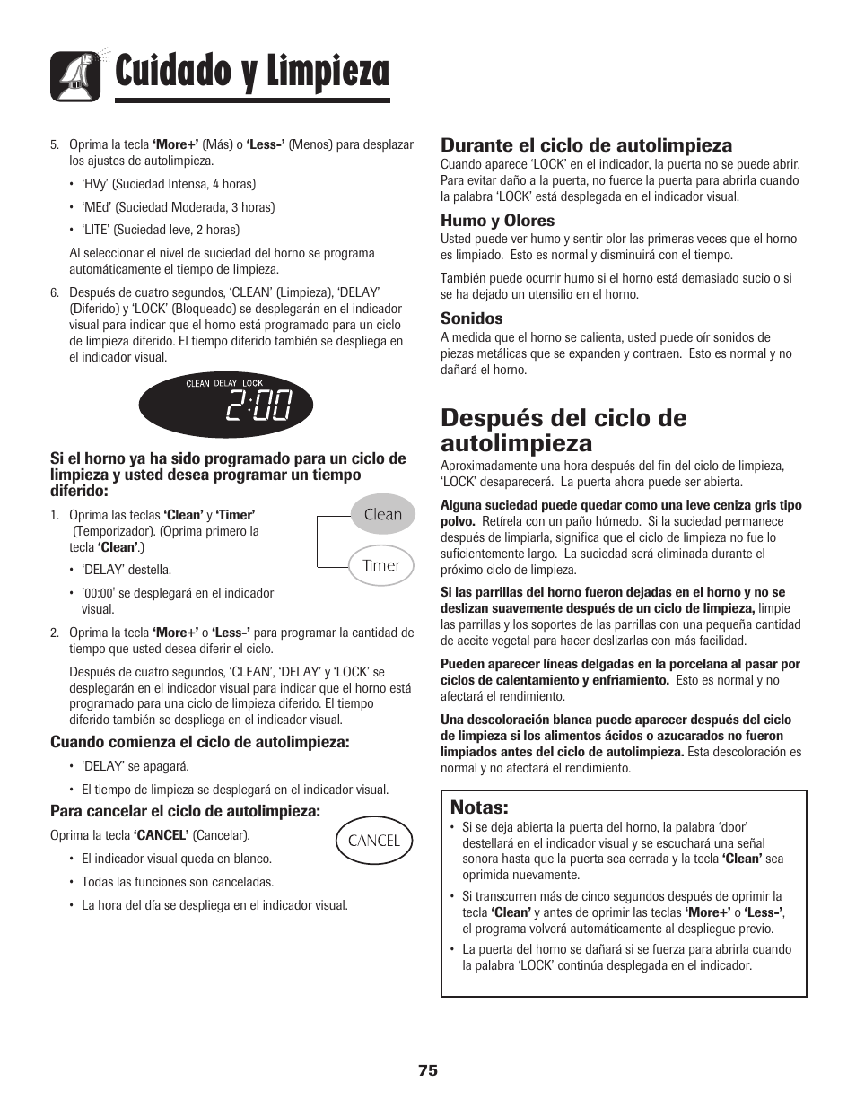 Cuidado y limpieza, Después del ciclo de autolimpieza, Notas | Durante el ciclo de autolimpieza | Maytag MGR5775QDW User Manual | Page 76 / 84