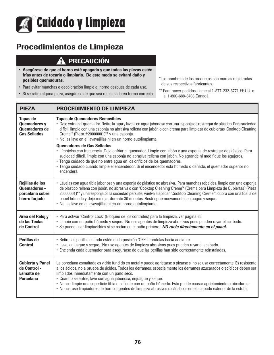 Cuidado y limpieza, Procedimientos de limpieza, Precaución | Maytag MGR5775QDW User Manual | Page 77 / 84