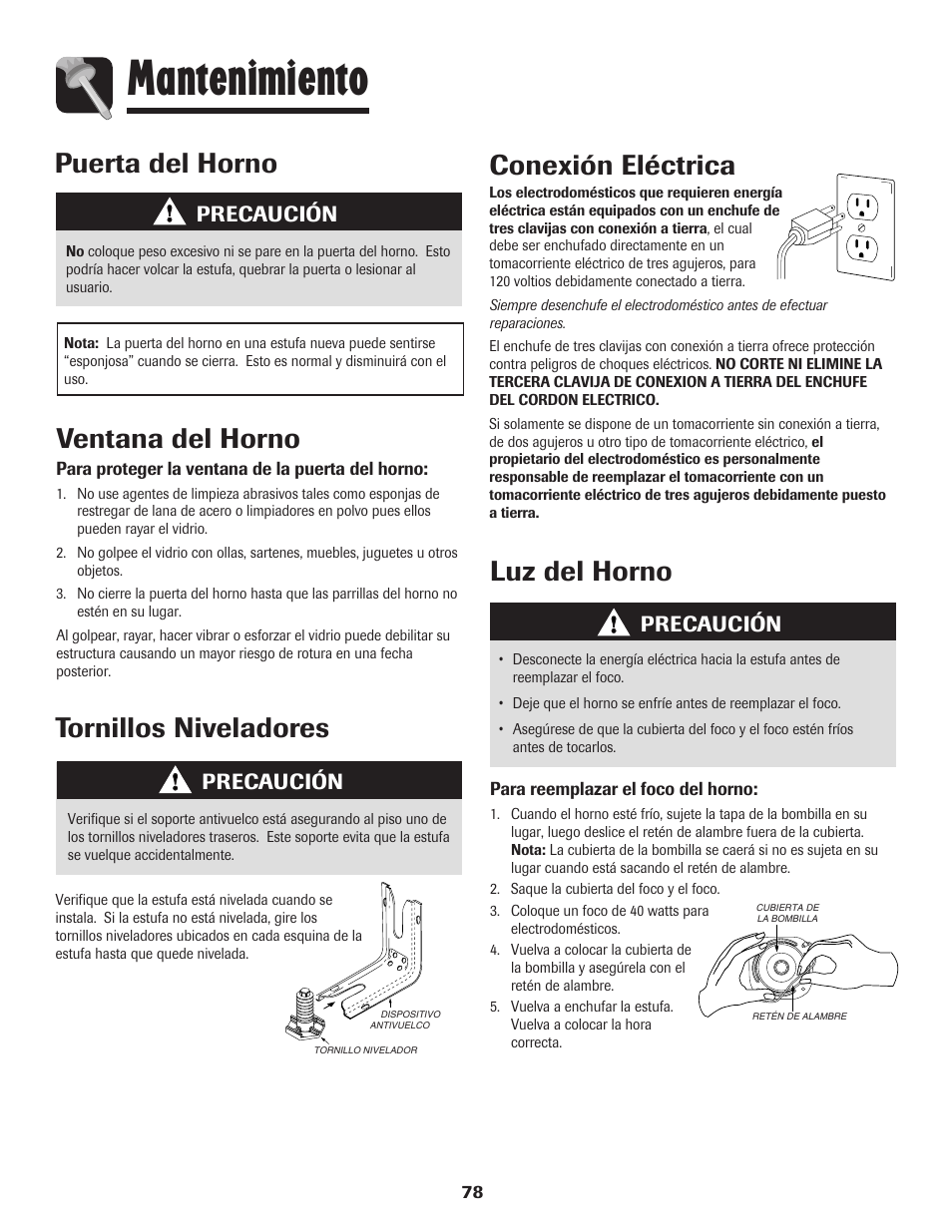 Mantenimiento, Puerta del horno, Ventana del horno | Luz del horno conexión eléctrica, Tornillos niveladores, Precaución | Maytag MGR5775QDW User Manual | Page 79 / 84