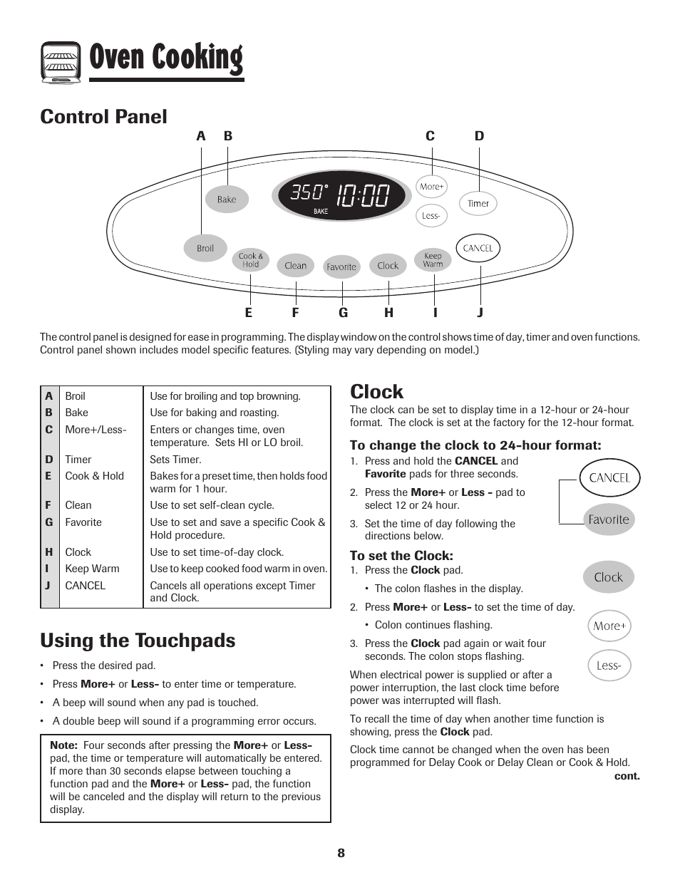 Oven cooking, Control panel, Using the touchpads | Clock | Maytag MGR5775QDW User Manual | Page 9 / 84