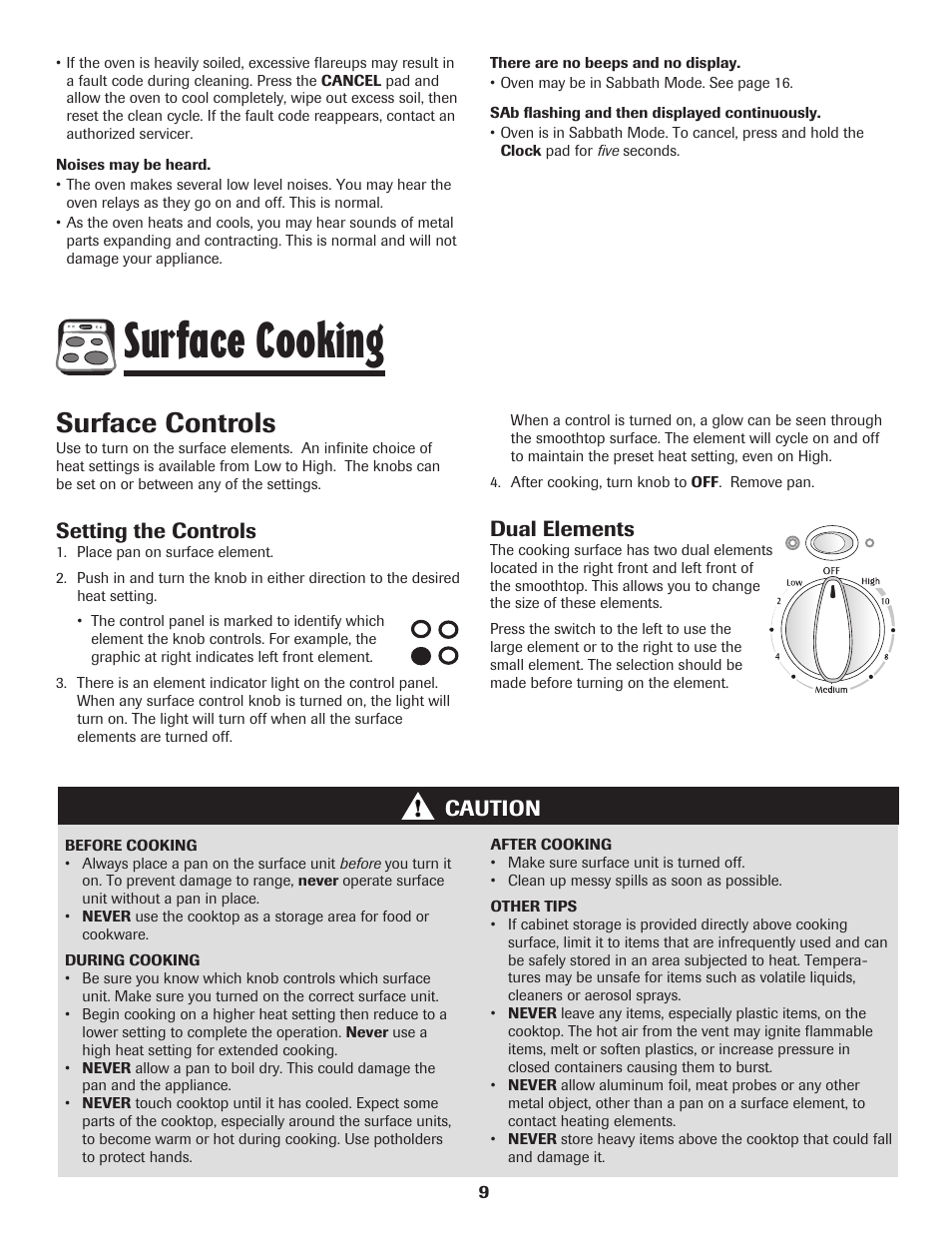 Surface cooking, Surface controls, Setting the controls | Caution, Dual elements | Maytag MER5765RAW User Manual | Page 10 / 20