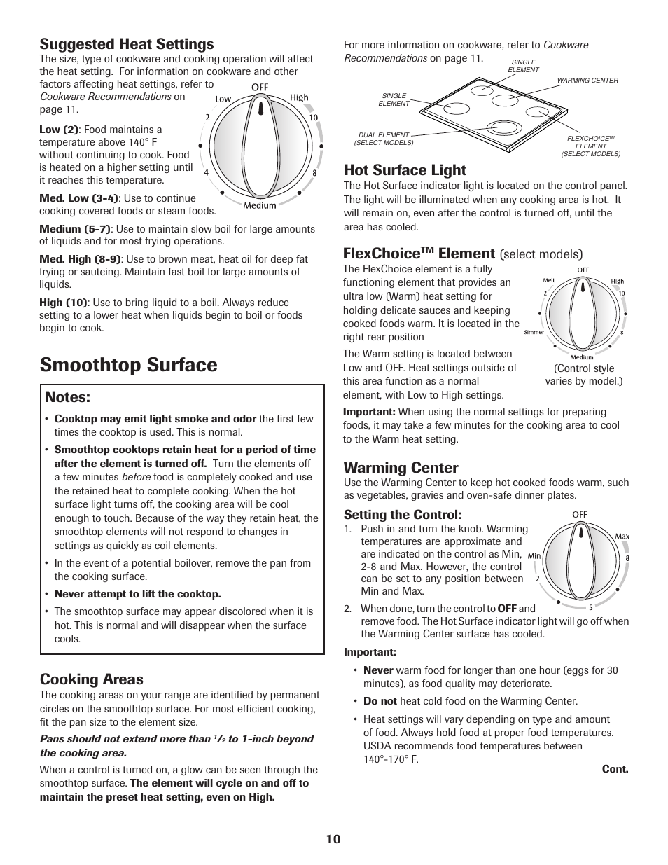 Smoothtop surface, Suggested heat settings, Cooking areas | Hot surface light, Flexchoice, Element, Warming center | Maytag MER5765RAW User Manual | Page 11 / 20