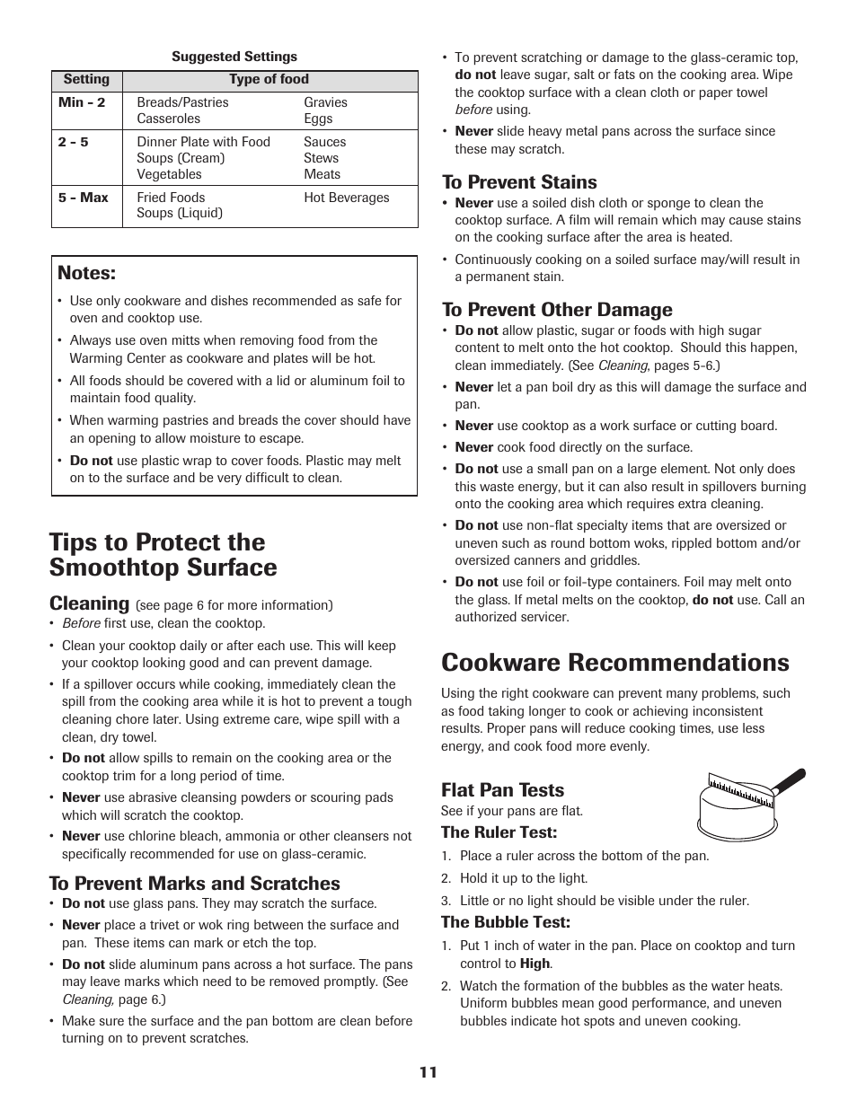 Tips to protect the smoothtop surface, Cookware recommendations, Cleaning | Flat pan tests | Maytag MER5765RAW User Manual | Page 12 / 20