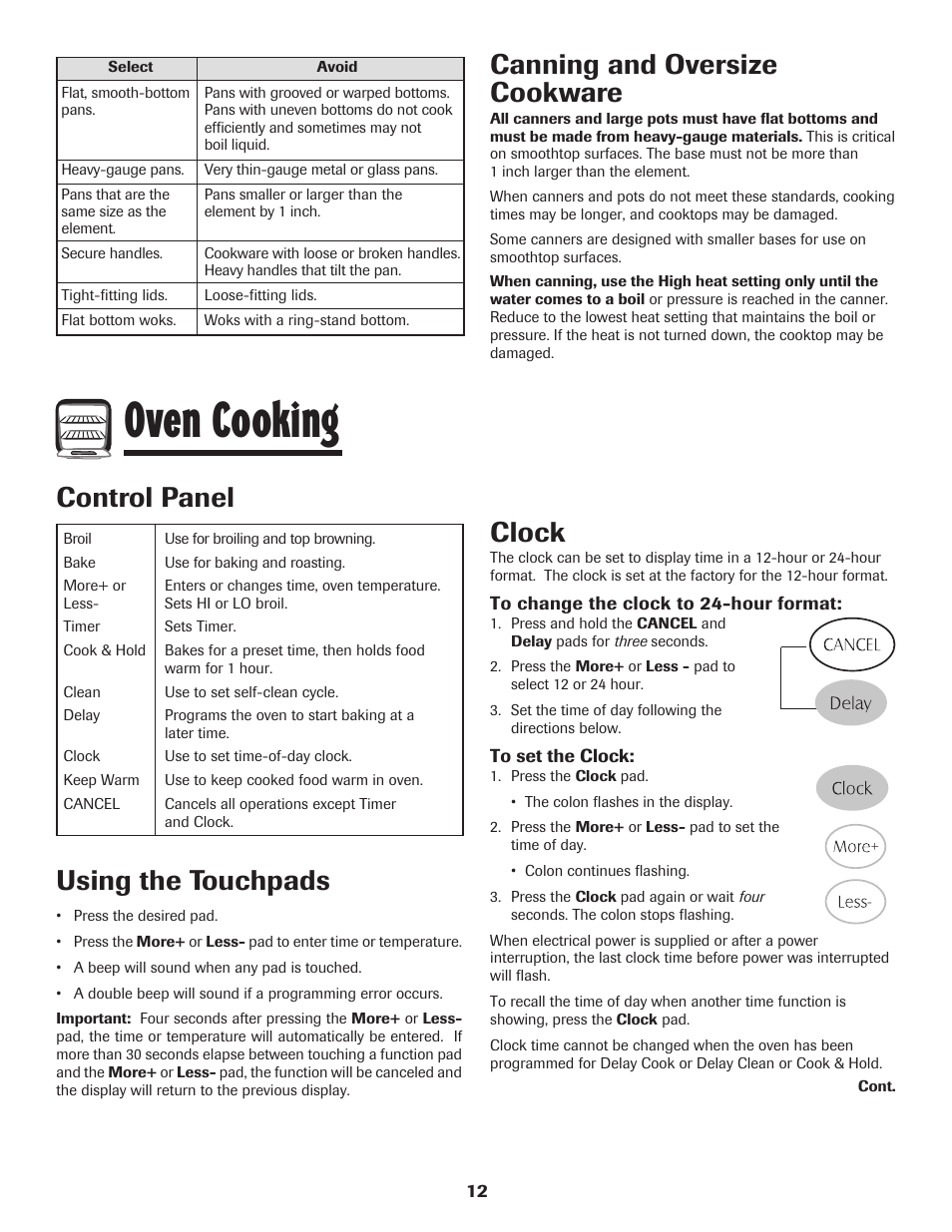 Oven cooking, Control panel using the touchpads, Clock | Canning and oversize cookware | Maytag MER5765RAW User Manual | Page 13 / 20