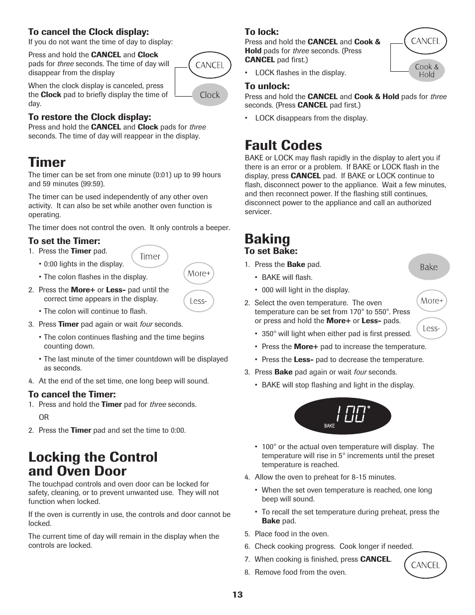 Timer, Locking the control and oven door, Fault codes | Baking | Maytag MER5765RAW User Manual | Page 14 / 20