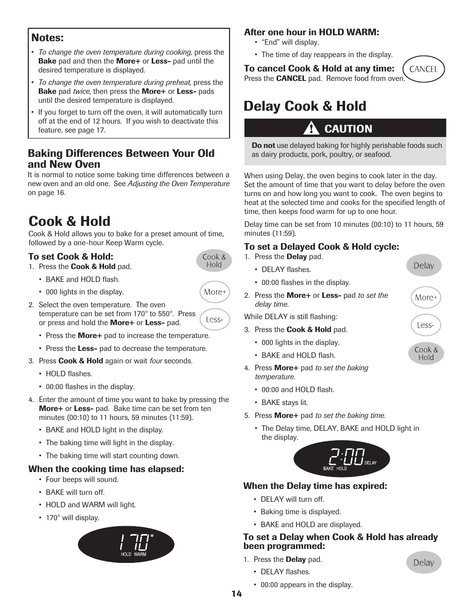 Cook & hold, Delay cook & hold, Baking differences between your old and new oven | Caution | Maytag MER5765RAW User Manual | Page 15 / 20