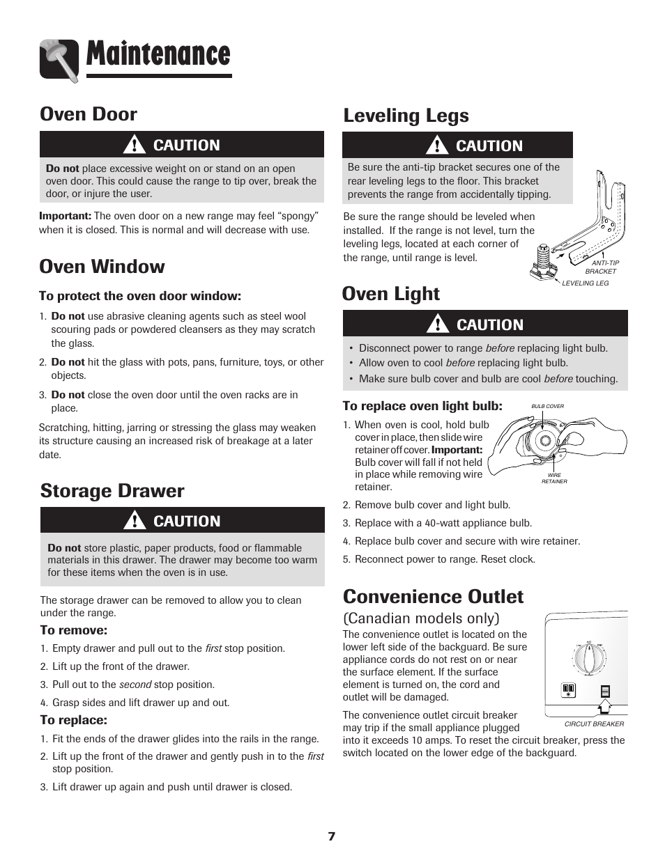 Maintenance, Oven door, Oven window | Leveling legs, Oven light, Storage drawer, Convenience outlet, Caution, Canadian models only) | Maytag MER5765RAW User Manual | Page 8 / 20