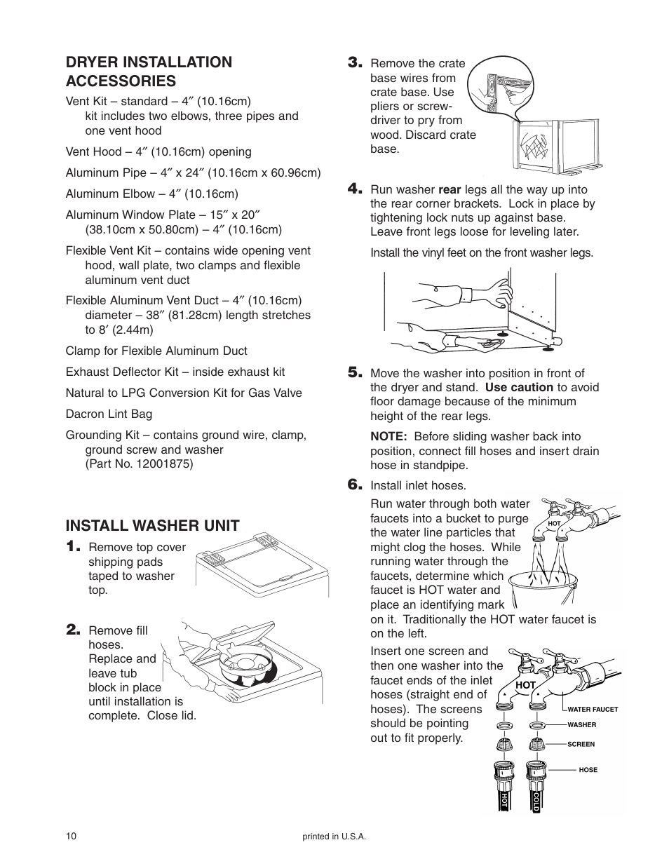 Dryer installation accessories, Install washer unit 1 | Maytag Stacked Washer/Dryer User Manual | Page 11 / 14