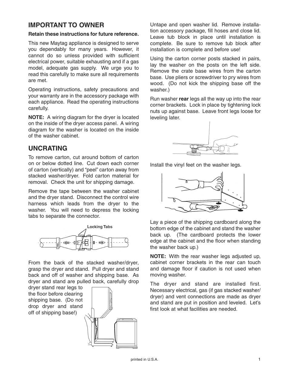 Important to owner, Uncrating | Maytag Stacked Washer/Dryer User Manual | Page 2 / 14