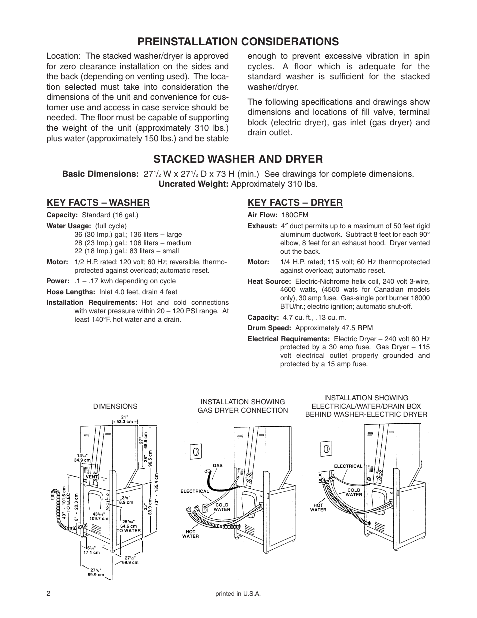 Preinstallation considerations, Stacked washer and dryer | Maytag Stacked Washer/Dryer User Manual | Page 3 / 14