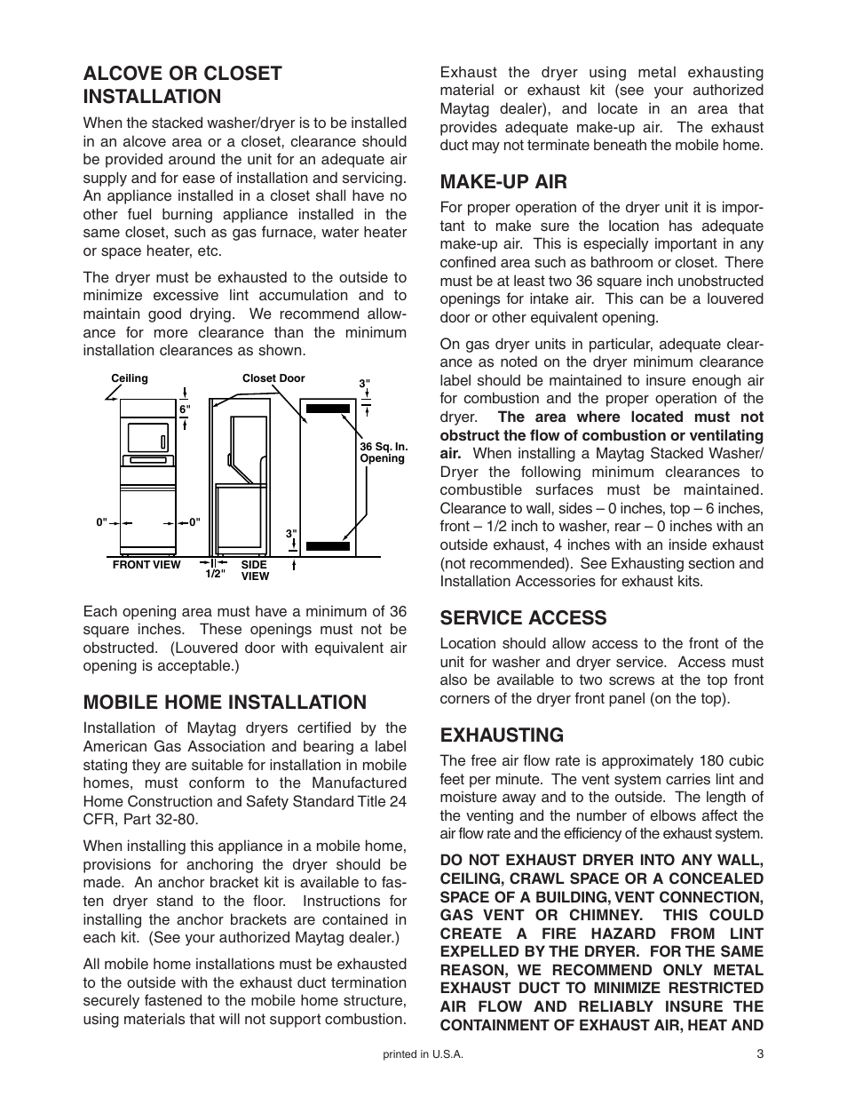 Alcove or closet installation, Make-up air, Service access | Exhausting, Mobile home installation | Maytag Stacked Washer/Dryer User Manual | Page 4 / 14
