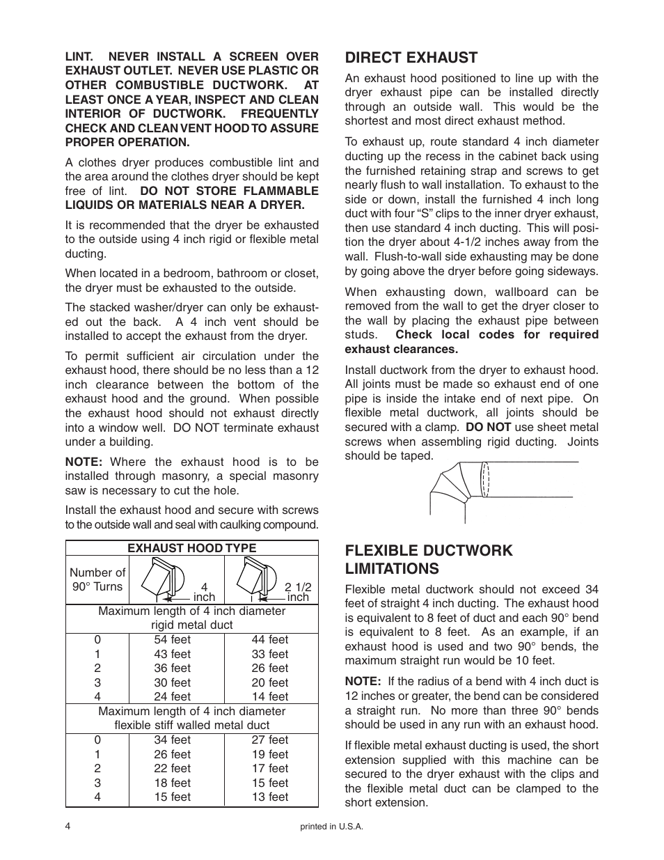Direct exhaust, Flexible ductwork limitations | Maytag Stacked Washer/Dryer User Manual | Page 5 / 14