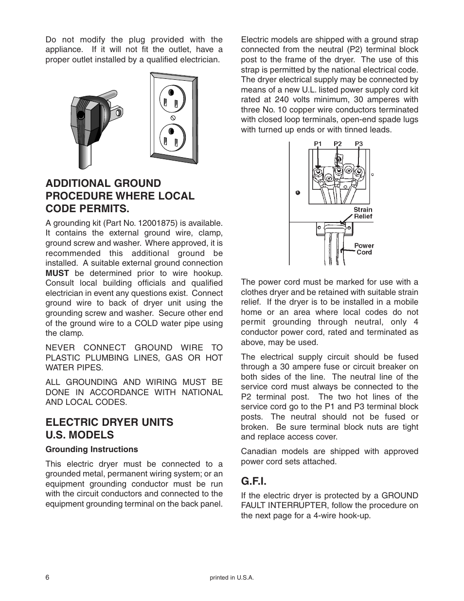 Electric dryer units u.s. models, G.f.i | Maytag Stacked Washer/Dryer User Manual | Page 7 / 14