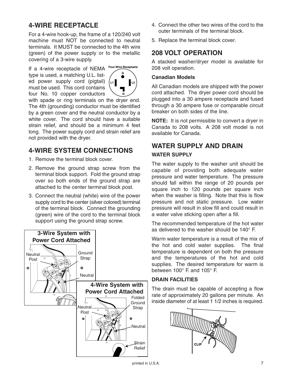 Wire receptacle, Wire system connections, 208 volt operation | Water supply and drain | Maytag Stacked Washer/Dryer User Manual | Page 8 / 14