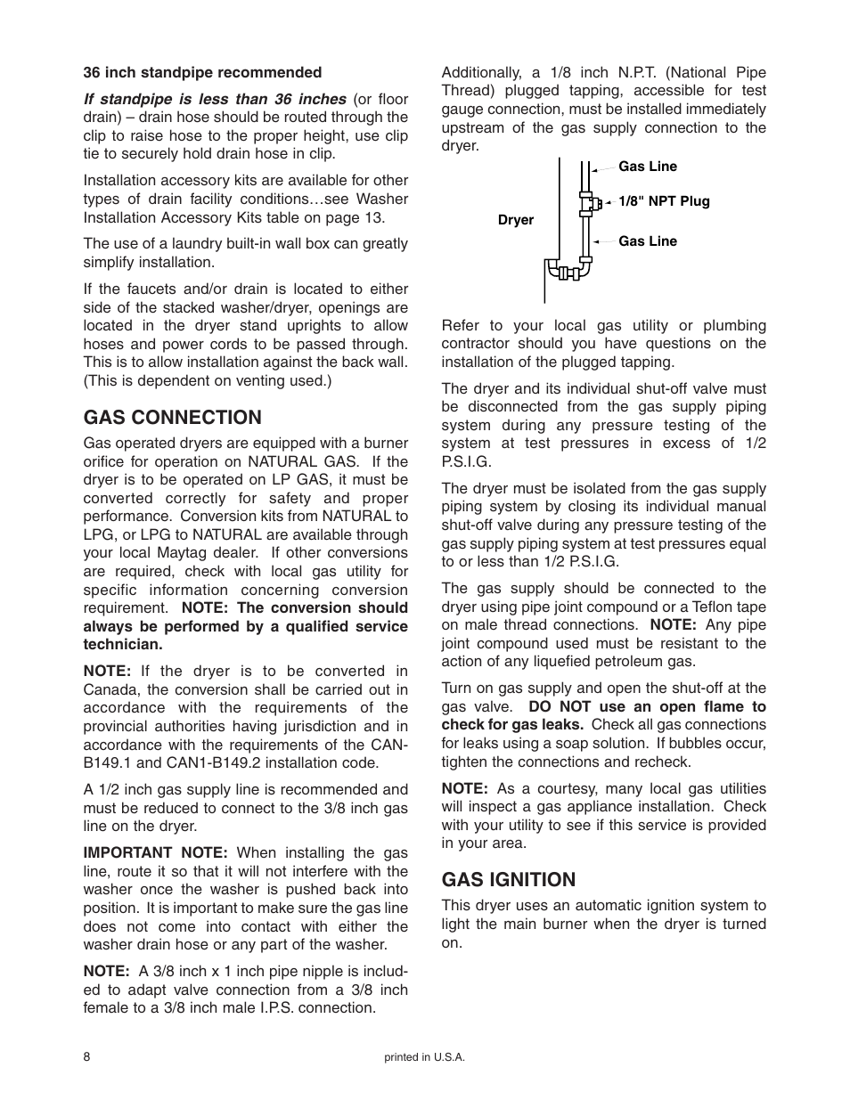 Gas connection, Gas ignition | Maytag Stacked Washer/Dryer User Manual | Page 9 / 14