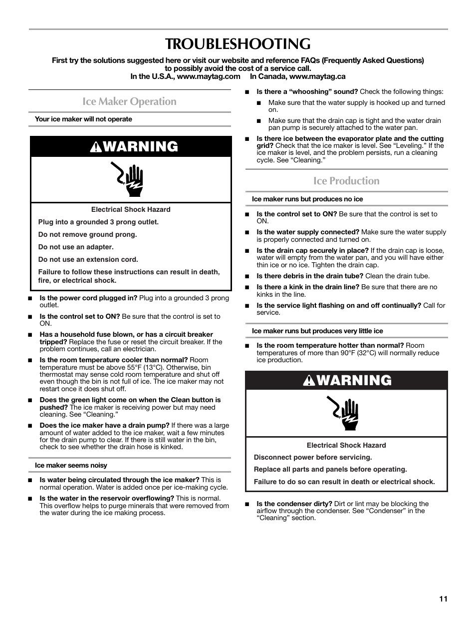 Troubleshooting, Warning, Ice maker operation | Ice production | Maytag MIM1554WRS User Manual | Page 11 / 42