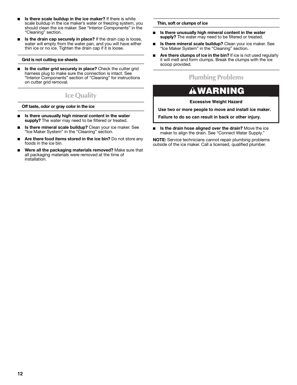 Warning, Ice quality, Plumbing problems | Maytag MIM1554WRS User Manual | Page 12 / 42