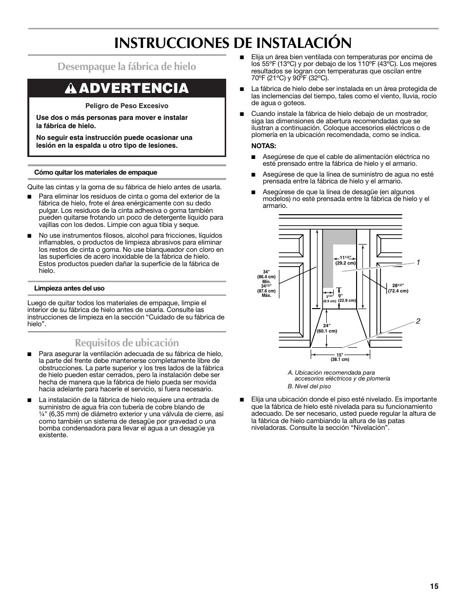 Instrucciones de instalación, Advertencia, Desempaque la fábrica de hielo | Requisitos de ubicación | Maytag MIM1554WRS User Manual | Page 15 / 42