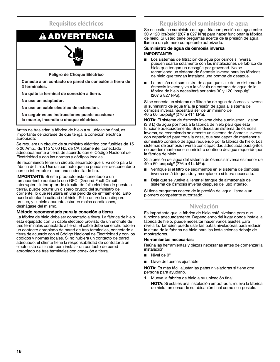 Advertencia, Requisitos eléctricos, Requisitos del suministro de agua | Nivelación | Maytag MIM1554WRS User Manual | Page 16 / 42