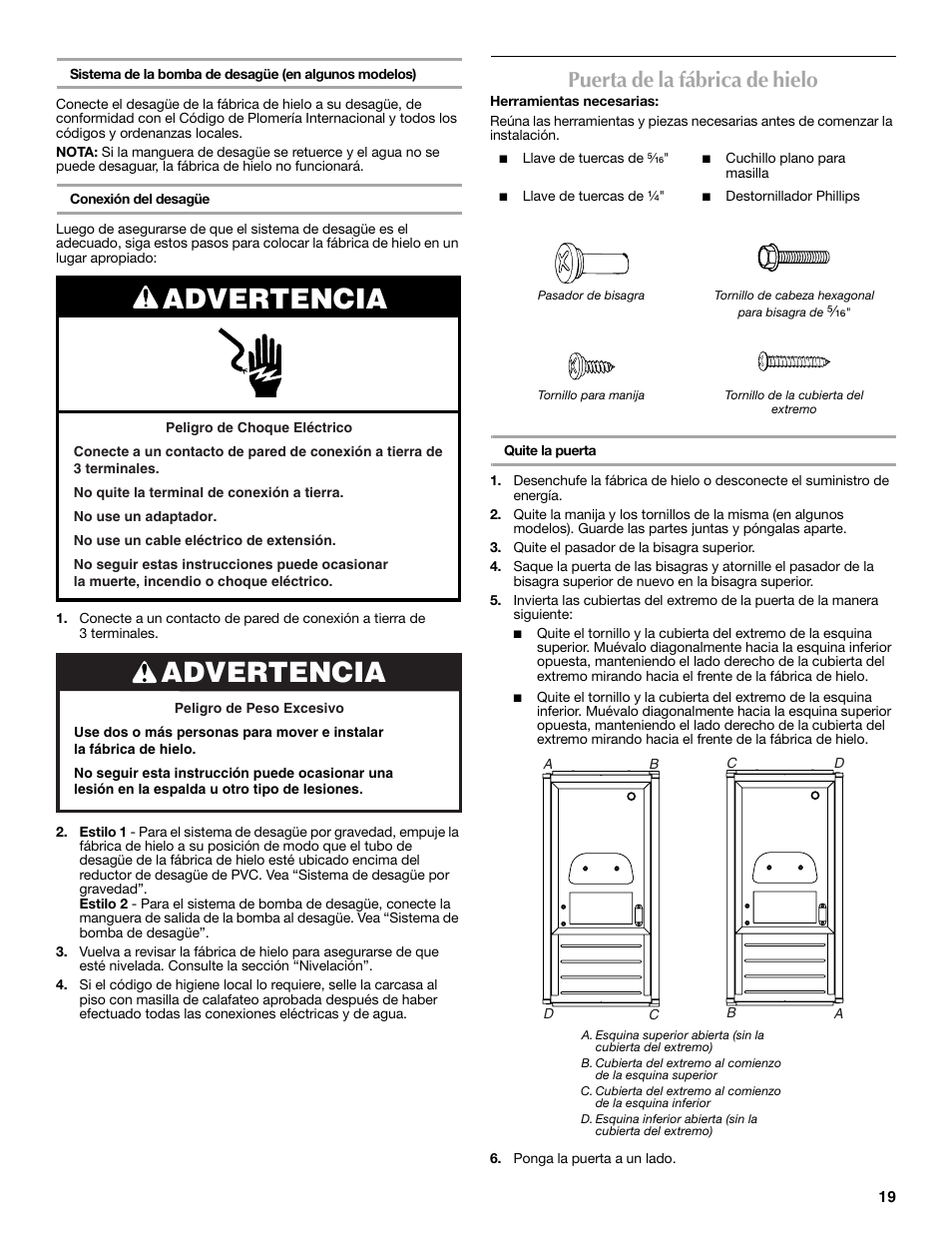 Advertencia, Puerta de la fábrica de hielo | Maytag MIM1554WRS User Manual | Page 19 / 42