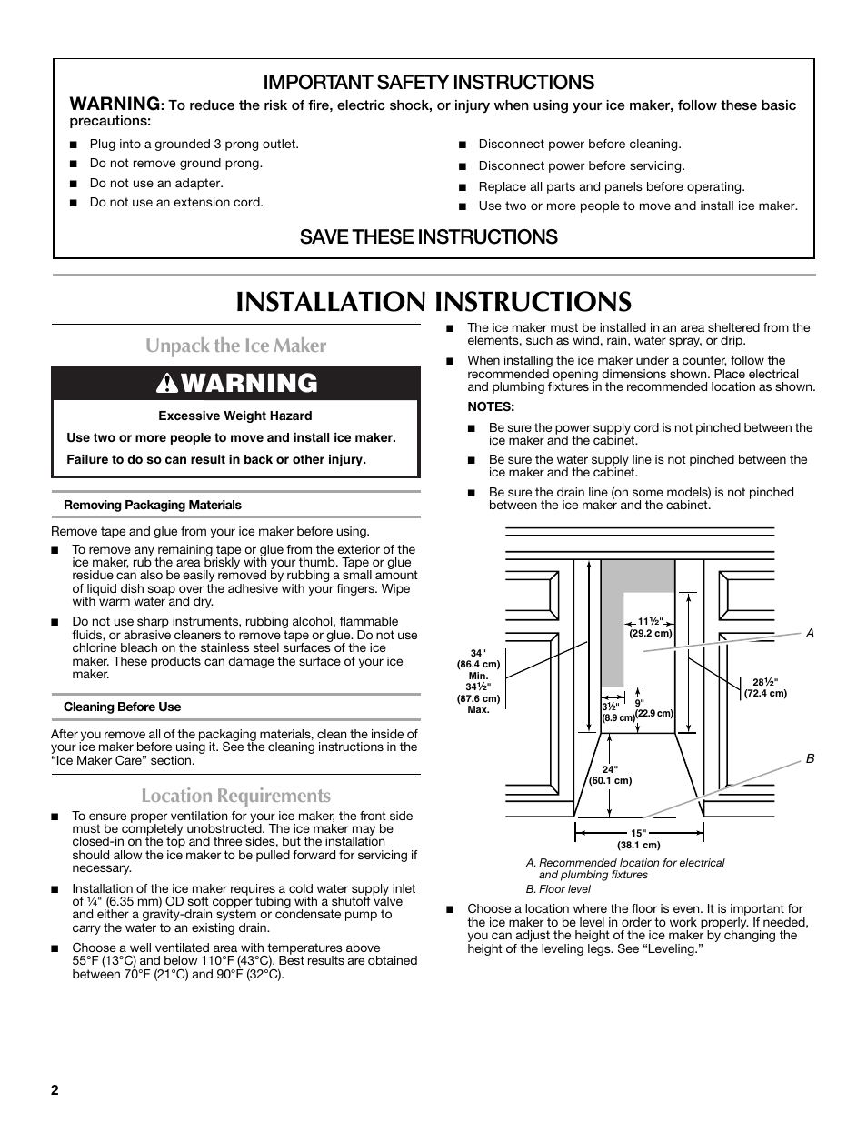 Installation instructions, Important safety instructions, Save these instructions | Unpack the ice maker, Location requirements, Warning | Maytag MIM1554WRS User Manual | Page 2 / 42