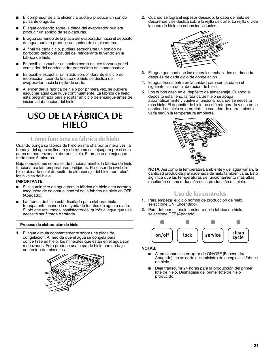 Uso de la fábrica de hielo, Cómo funciona su fábrica de hielo, Uso de los controles | Maytag MIM1554WRS User Manual | Page 21 / 42