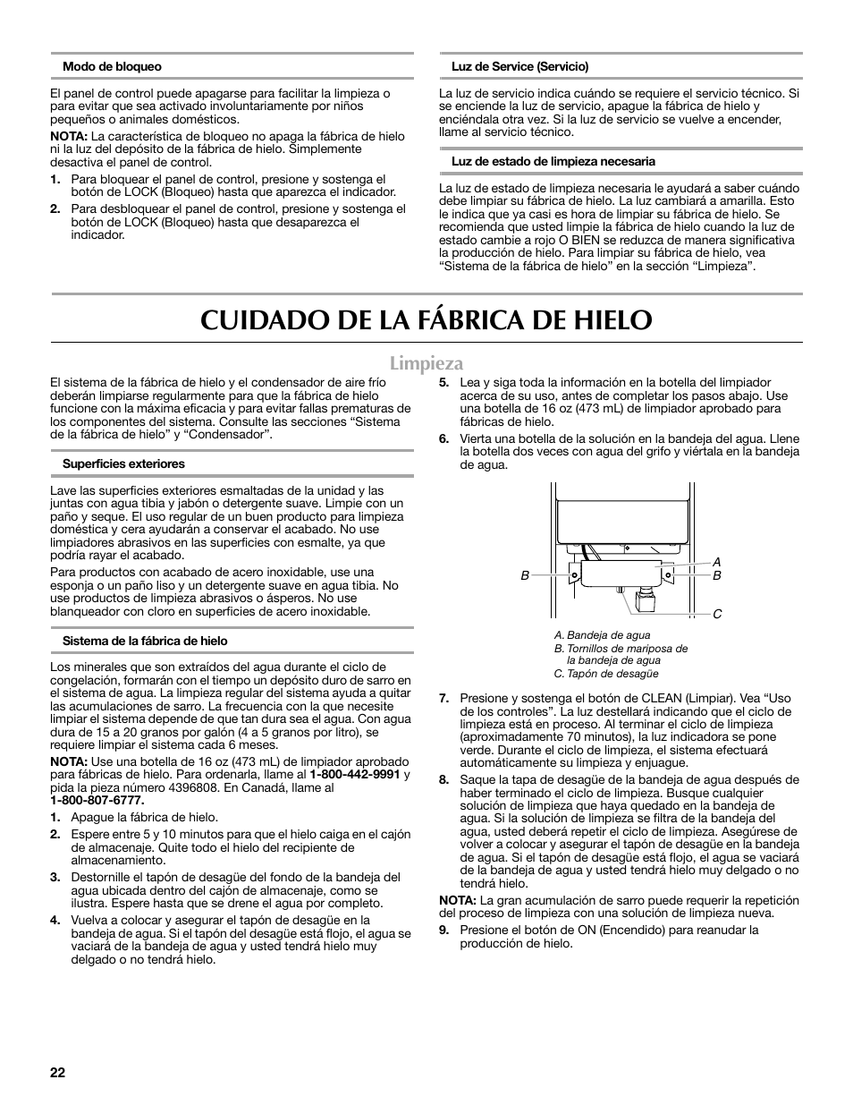 Cuidado de la fábrica de hielo, Limpieza | Maytag MIM1554WRS User Manual | Page 22 / 42