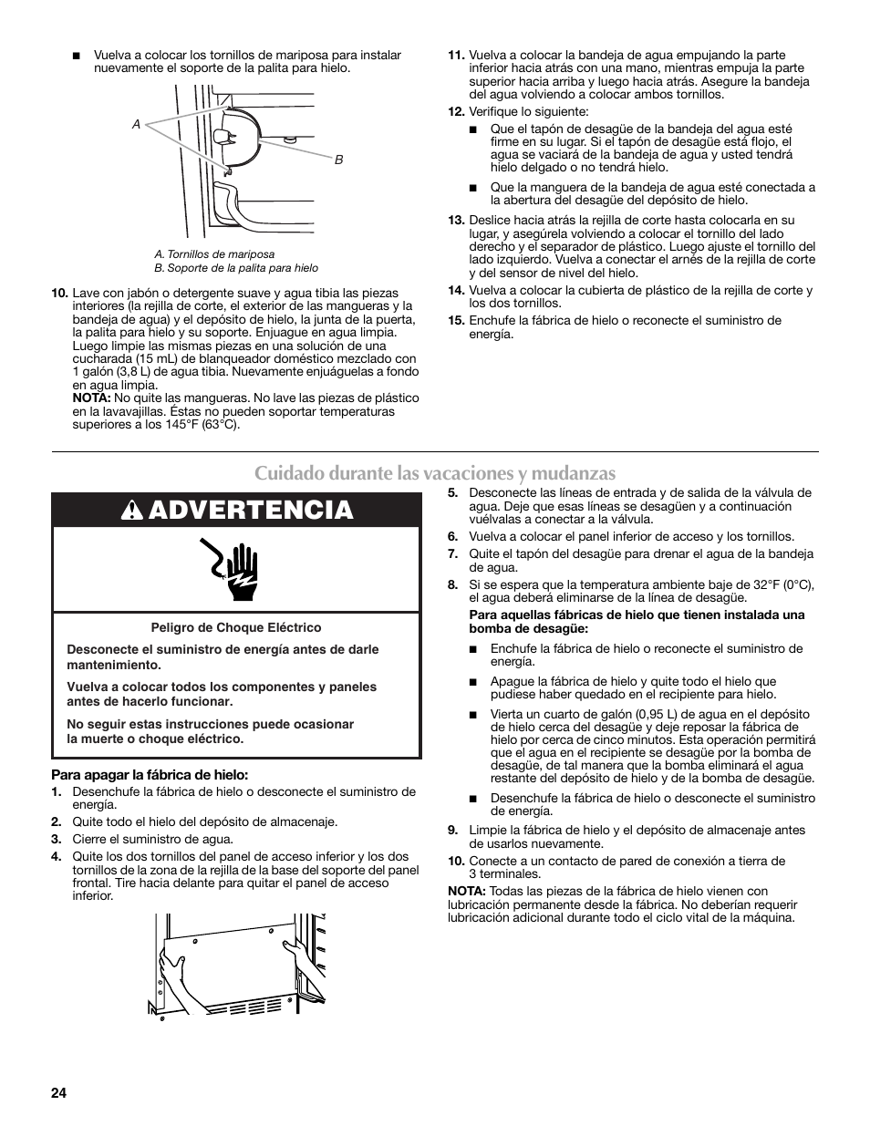 Advertencia, Cuidado durante las vacaciones y mudanzas | Maytag MIM1554WRS User Manual | Page 24 / 42