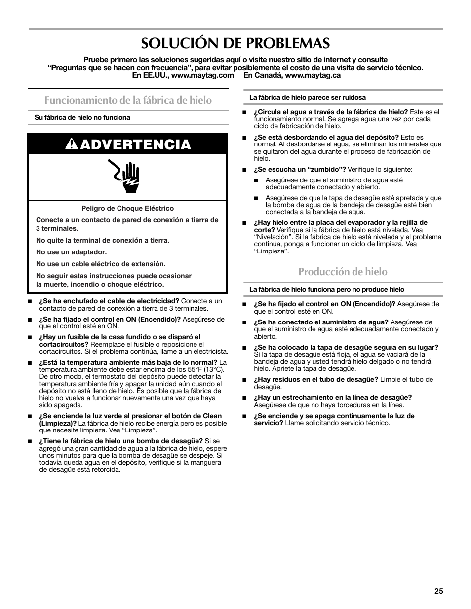 Solución de problemas, Advertencia, Funcionamiento de la fábrica de hielo | Producción de hielo | Maytag MIM1554WRS User Manual | Page 25 / 42