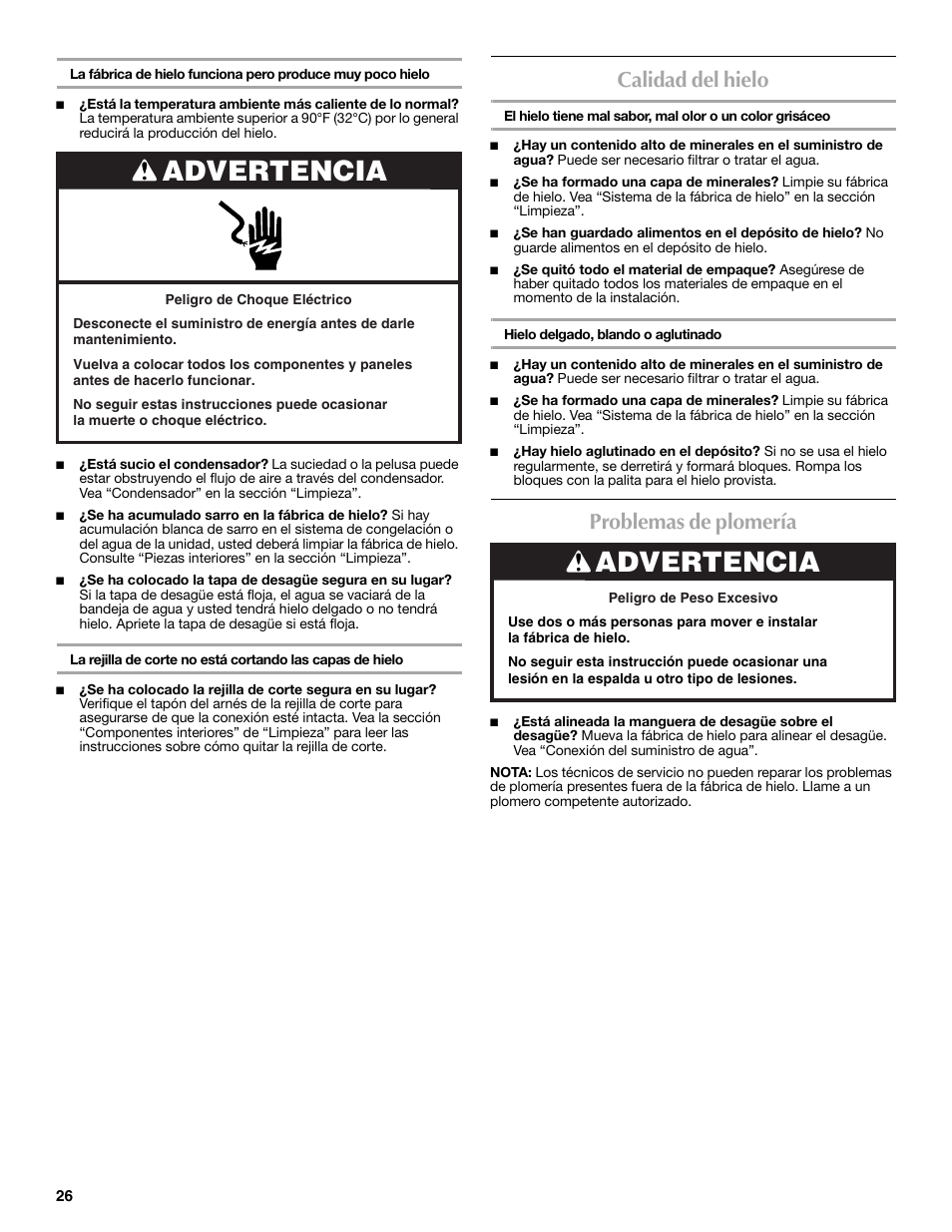 Advertencia, Calidad del hielo, Problemas de plomería | Maytag MIM1554WRS User Manual | Page 26 / 42