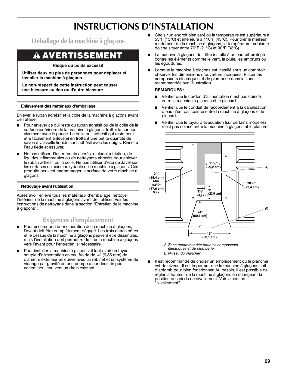 Instructions d’installation, Avertissement, Déballage de la machine à glaçons | Exigences d'emplacement | Maytag MIM1554WRS User Manual | Page 29 / 42