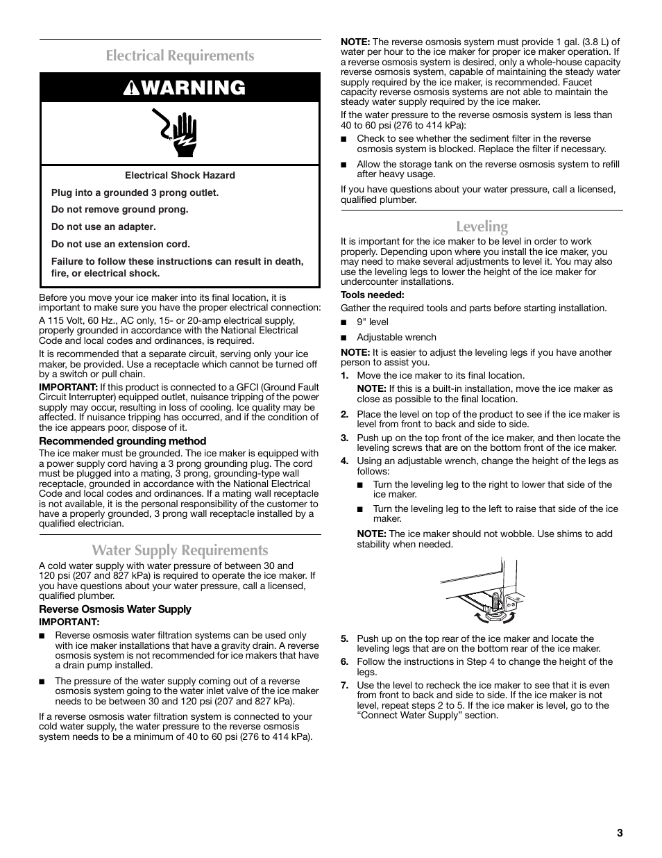 Warning, Electrical requirements, Water supply requirements | Leveling | Maytag MIM1554WRS User Manual | Page 3 / 42