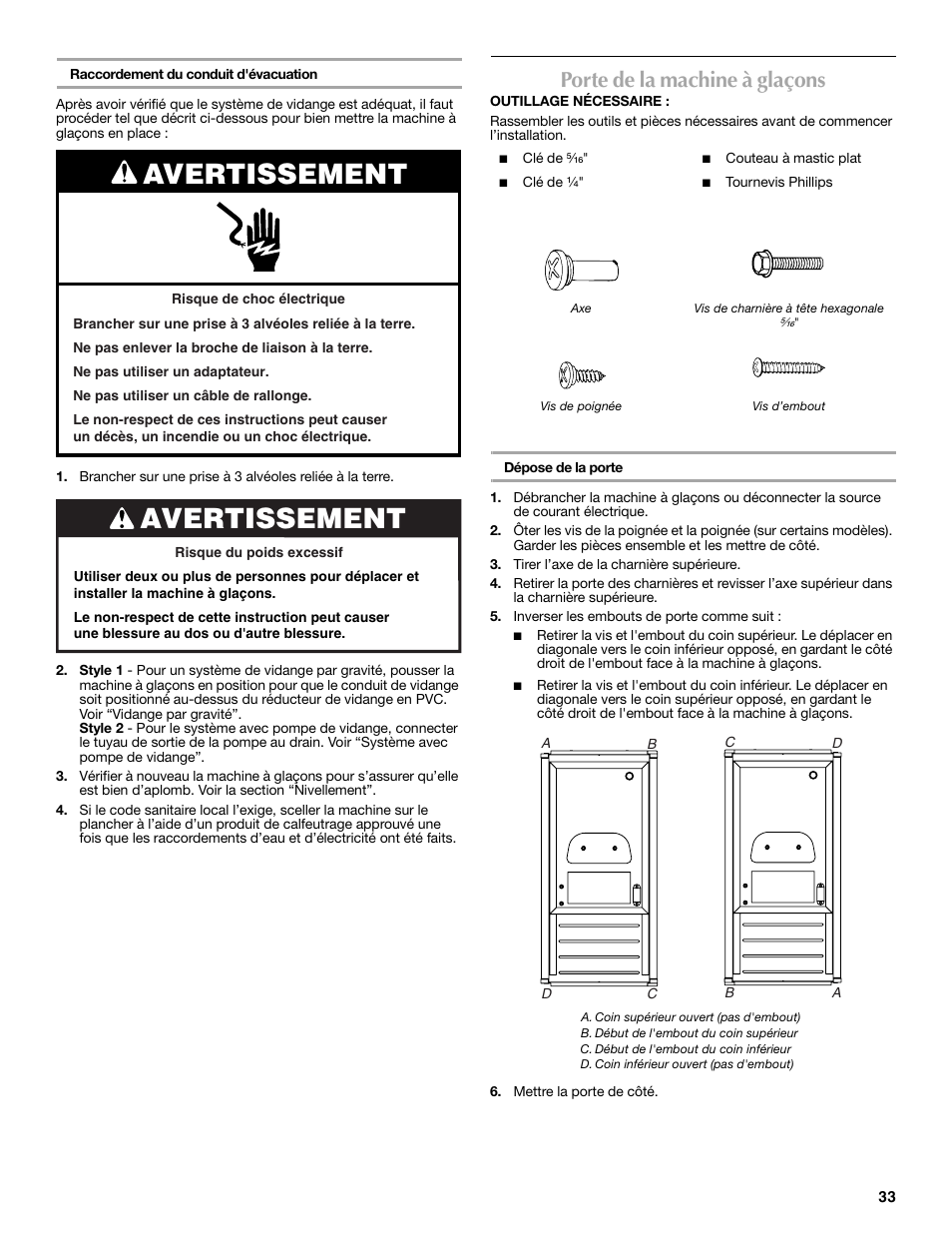 Avertissement, Porte de la machine à glaçons | Maytag MIM1554WRS User Manual | Page 33 / 42