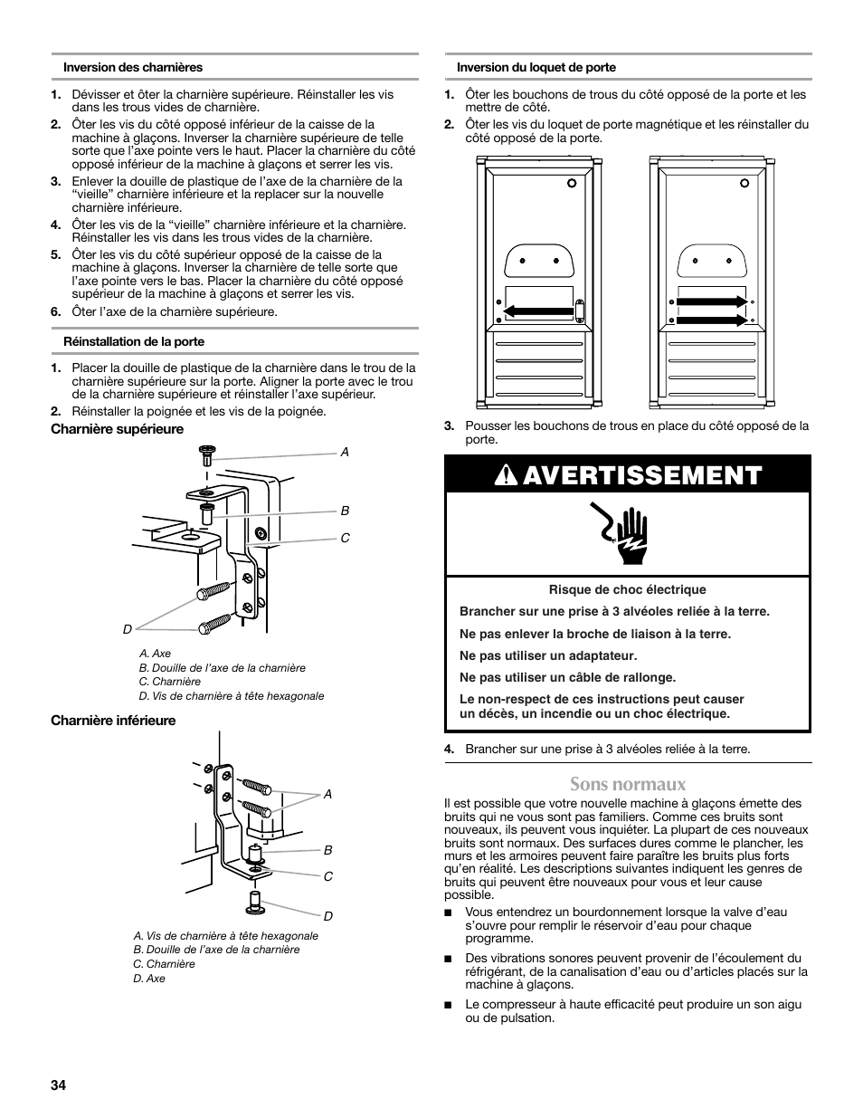 Avertissement, Sons normaux | Maytag MIM1554WRS User Manual | Page 34 / 42