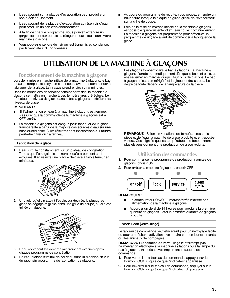 Utilisation de la machine à glaçons, Fonctionnement de la machine à glaçons, Utilisation des commandes | Maytag MIM1554WRS User Manual | Page 35 / 42
